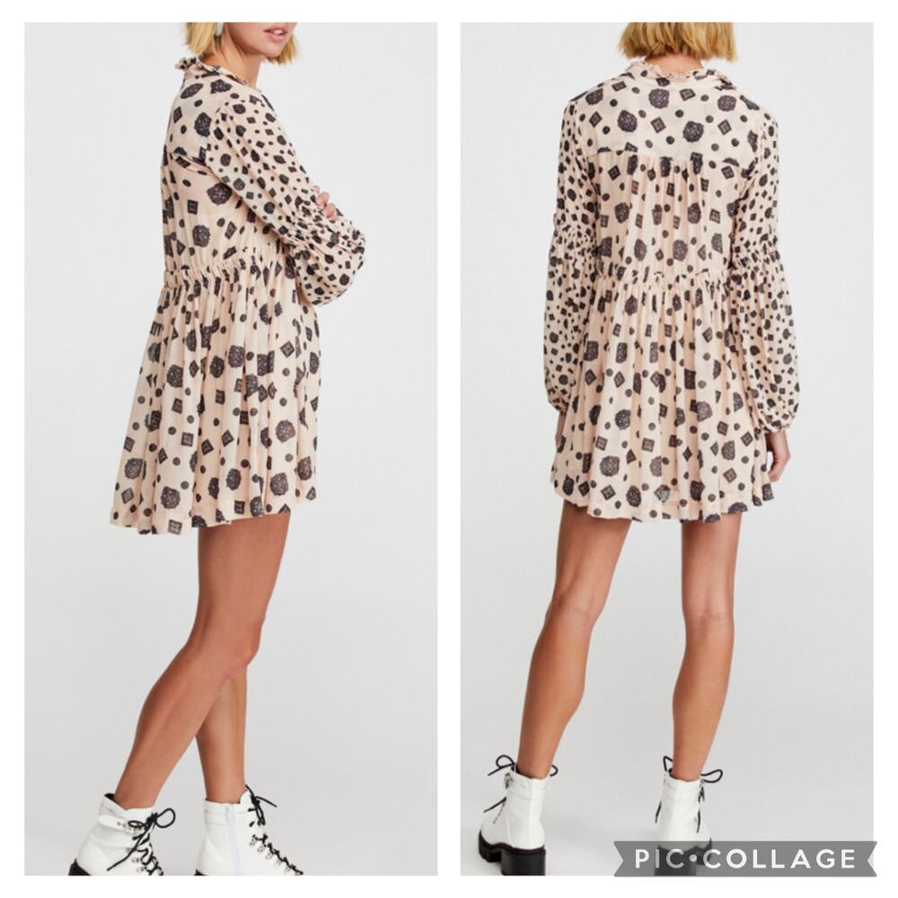 Free People Turn Turn Tea Combo Mini Dress Semi Sheer Balloon Sleeve SZ M - Picture 1 of 11